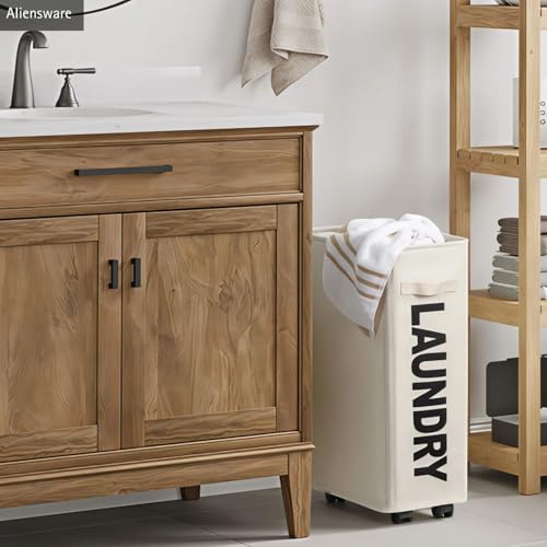 Image of Aliensware Laundry Basket Foldable with Wheels & Side Handle, Washing Clothes Storage Basket, Oxford Cloth Bin, Organizer, Movable Solution, Portable Laundry Bag, Collapsible Hamper,Aliens-Beige