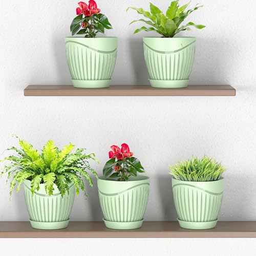 ELUVIA Plastic Plant Pots with Drainage Holes and Trays - Set of 5 (6 Inch) – Minimalist Decorative Indoor Flower Pots for Living Room, Balcony & Office Garden (Green)