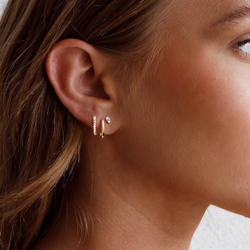 3 Pairs Gold Earrings for Women Trendy 14K Gold Plated Cubic Zirconia Hoop Stud Earrings Dainty Cartilage Hypoallergenic Dangle Huggie Earring Set Small Lightweight Gold Jewelry Gifts2