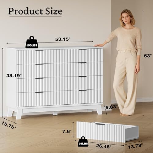 Image of BORNOON 53 inch Wide Dresser for Bedroom, 8-Drawer Fluted Chest of Drawers, Modern Wood Highboy with Metal Slides and Handles, Anti-Tip Kit, Vertical Clothes Storage Organizer for Apartment, Closet