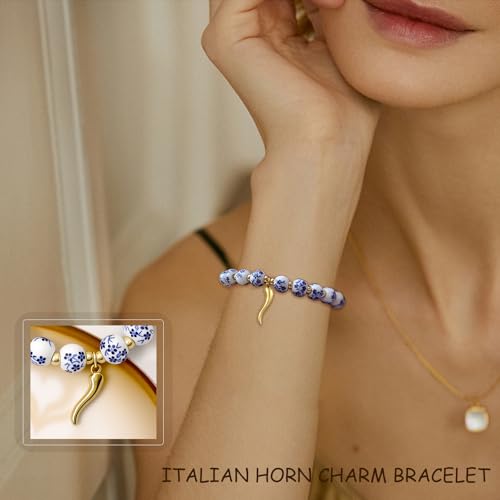 Beads Bow Charm Bracelet for Women Blue Flower Vintage Handmade Stretch Bracelet Evil Eye Italian Horn Beaded Romantic Dainty Jewelry3