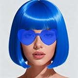 FSLLZCJY Short Bob Wigs with Heart Sunglasses and Hair Cap – Set of 3 | Colorful Colored Neon Wig Funny Cosplay Hairpieces for Halloween Party Costume (Blue)