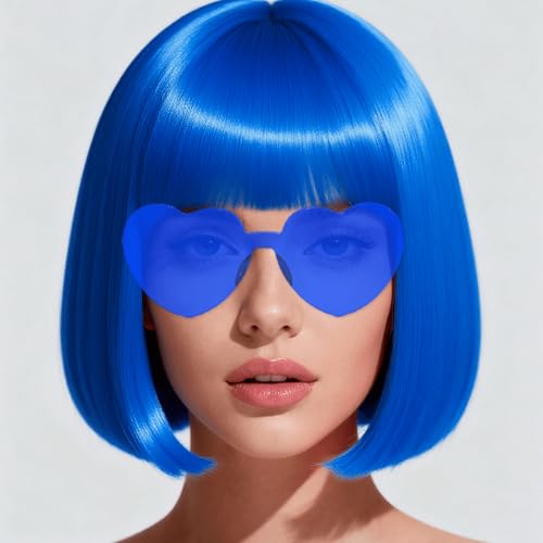 FSLLZCJY Short Bob Wigs with Heart Sunglasses and Hair Cap – Set of 3 | Colorful Colored Neon Wig Funny Cosplay Hairpieces for Halloween Party Costume (Blue)