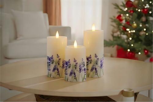 Image of Lilac Flower Flameless Pillar Candles, Set of 3 Real Wax LED Candles with Remote Timer, 3D Moving Flame, Battery Operated (2AA) Up to 400 Hours, Spring Decor