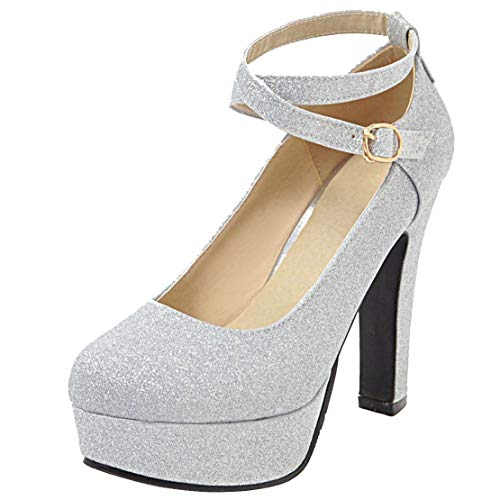 Birdsight Damen Knöchelriemen Pumps mit Riemchen High Heels Blockabsatz Glitzer Chunky Heels Plateau 12cm Absatz Schuhe (Silber, 39) Cover