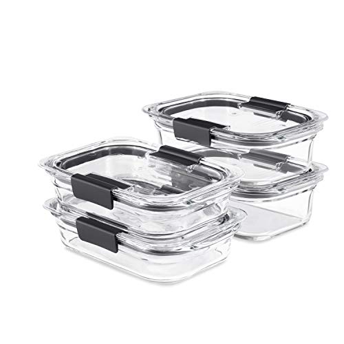 Rubbermaid Brilliance Glass Food Storage set of 4 containers 8 total pieces (4 containers + 4 lids) for Lunch Meal Prep and Leftovers Dishwasher and Oven Safe Clear/Grey by Rubbermaid - Used condition - US$29.67