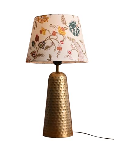 Image of Green Girgit Golden Hammered V-Shaped Lamp with Multicolor Taper White Shade, Decorative Table Lamp with Hammered Metal Base, Floral Pattern Fabric Shade, Antique Brass Finish (LED Bulb Included)