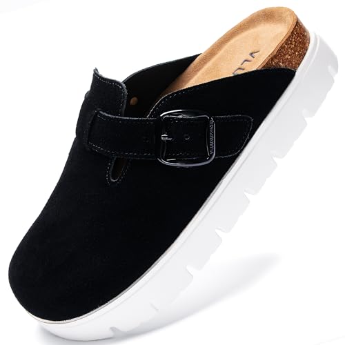 Image of Women's Suede Platform Clogs Leather Mules Slip On Indoor Outdoor Shoes | Arch Support, Cork Footbed, Adjustable Buckle,Water Resistant Upper,All Day Comfort