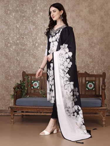 Image of Berrylicious Black & White Embridered & Floral Printed Kurta with Pant & Dupatta Set | Ethnic Wear | 3 /4 Sleeves