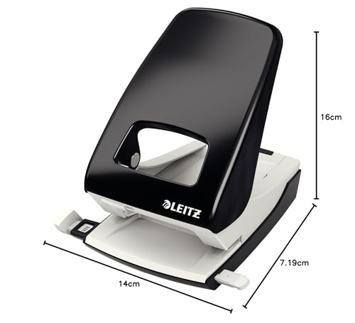 Leitz Starker Büro Locher aus Metall, Für 40 Blatt, Anschlagschiene mit Formatangaben, Ergonomisches Design, schwarz, 51380095