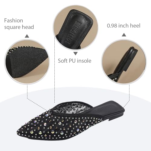 Women's Mesh Rhinestone Flat Mules Sexy Shiny Pointed Toe Breathable Slip-On Slingback Fishnet Ballerina Flats Causal Comfortable Daily Dress Shoes4