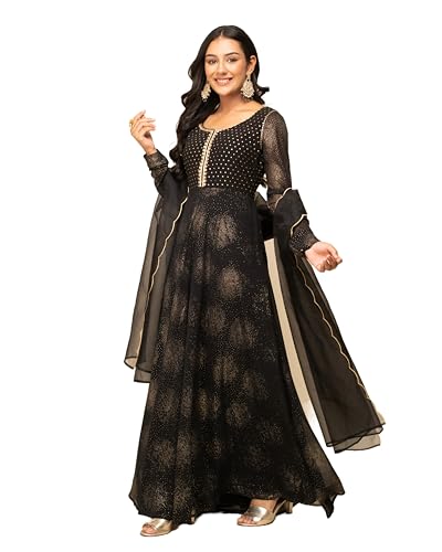 Image of FIORRA Women's Fit And Flare Floor Length Georgette Printed Gown With Dupatta