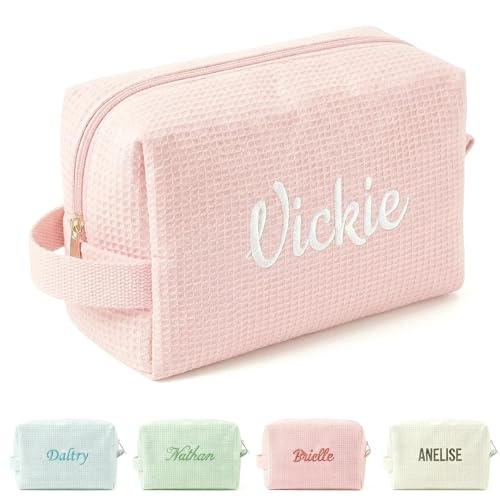 Latlonix Customizable Waffle Makeup Bag with Custom Name Embroidery Thickened Fabric Bridesmaid Proposal Gift Unique Toiletry Pouch Travel Organizer for Women (Color Styles-1)