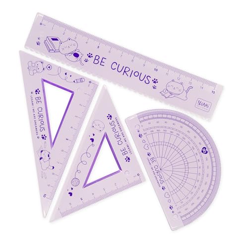 Legami - Set di Geometria, Set con Righello da 15 cm, Squadra 60° da 10 cm, Goniometro 180° per la Scuola, Custodia Inclusa, Materiale Flessibile, Tema Kitty