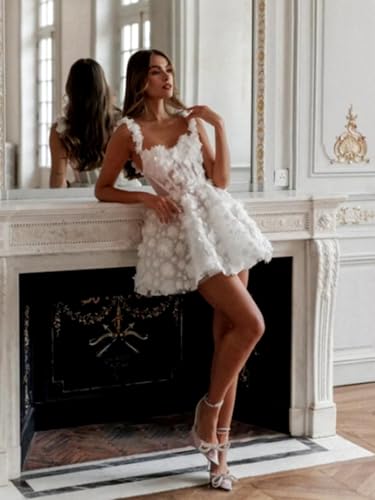 Image of Simple Tulle Short Wedding Dresses for Bride Elegant Spaghetti Straps Tea Length Bridal Shower Dress for Women