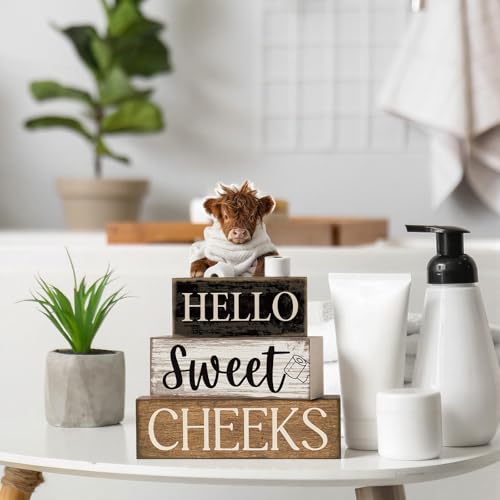 Image of Moucuny 4 Pcs Bathroom Shelf Decor Highland Cow Farmhouse Bathroom Decor and Accessories Rustic Eucalyptus Leaves Hello Sweet Cheeks Highland Cow Sign Western Table Centerpiece for Home Office Toilet