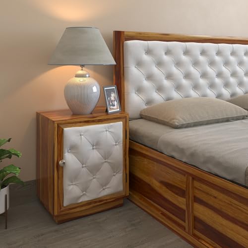 Image of DRIFTINGWOOD Dolvi Sheesham Wood King Size Bed Bundle with 2 Bedside Tables | Solid Wood Bedroom Set with Storage Furniture Set & Upholstered Headboard | Wooden Palang (Natural Finish)