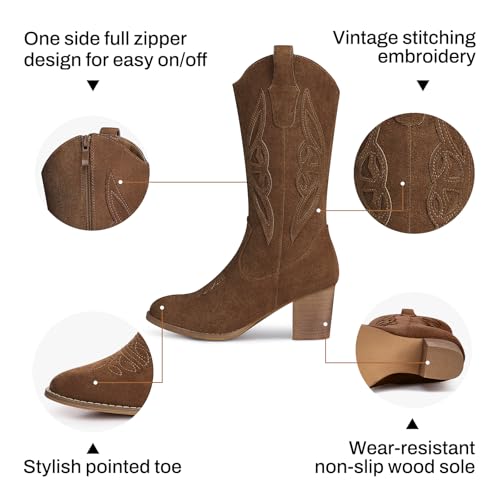 SHIBEVER Cowboy Boots for Women 2025: Mid Calf Cowgirl Boots Western Embroidered Country High Heel Pointed Toe Booties4