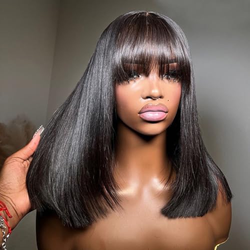 Short Bob Wigs Human Hair with Fringe 180% Density Bob Glueless for Women Upgraded 2x1Top Lace 100% Brazilian Virgin Human Hair Wigs with Bang 14 inches