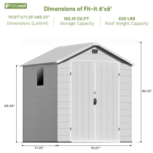 Image of Patiowell 6X6 FT Plastic Outdoor Storage Shed with Lockable Door and Floor, Resin Garden Tool Shed with Window, Waterproof Easy Assembly for Backyard, Lawn, Patio Furniture Storage (Light Grey)