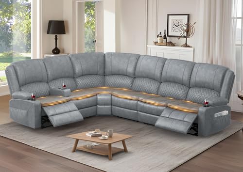Yolsali Manual Reclining Sectional Sofa Set, 6 Seats Soft Leather Recliner Corner Sectional Couch, Family-Sized L-Shaped Recliner Couch with USB Charging, Thickened Padding, Sturdy Frame, Grey