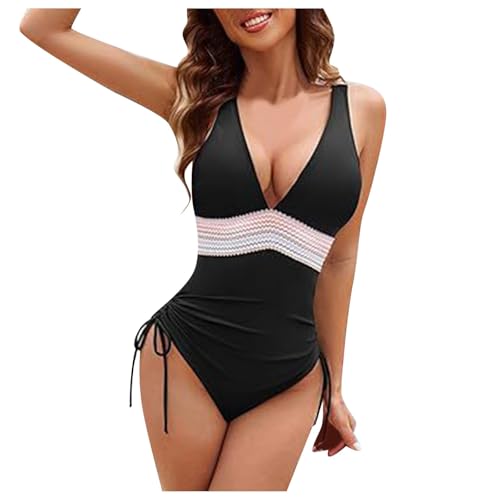 Traje de baño para mujer, bikini con cordón y bloque de color, Negro, XL