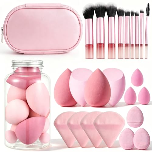 Image of QuidToyzian 14pcs Pink Makeup Sponge Set + 10PCS Makeup Brushes with Case, Soft Beauty Blender & Triangle Powder Puff, Foundation Blending Sponge & Synthetic Brushes for Travel-Friendly