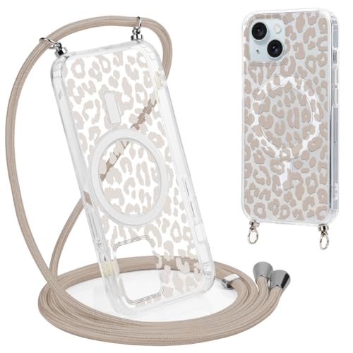 Coalbooliy Handykette Handyhülle für iPhone 15 Hülle 6 1 mit Band Cover Kompatibel mit Magsafe Transparent Aesthetic Leopard Muster Cover mit Kordel zum umhängen Case Kameraschutz Stoßfest 01