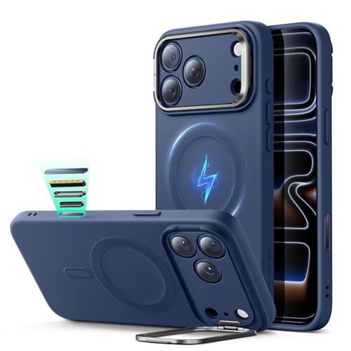 Image of ESR Silicone Case for iPhone 17 Pro, Built-in Camera Stash Stand Compatible with MagSafe, Military-Grade Drop Protection Magnetic Phone Case for iPhone 17 Pro, Cloud Series, Navy Blue