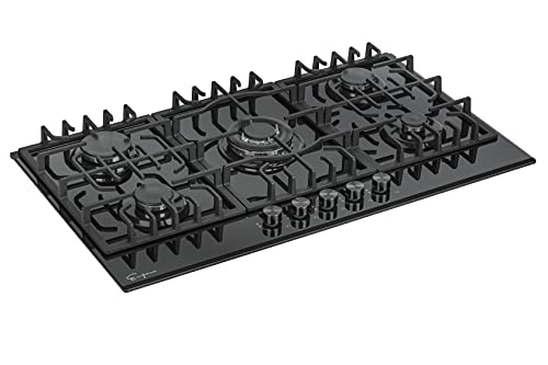 Empava 36" Gas Stove Cooktop Ng/Lpg Convertible With 5 Italy Sabaf Sealed Burners In Black Tempered Glass, 36 Inch #TOP2