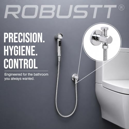 Image of Robustt Health Faucet for Toilet with Adhesive Wall Mount Holder | 2 Flow Modes | Jet Spray for Toilet with Stream & Rain Settings, Button Control, Chrome Finish Bathroom Faucet (Without Hose)