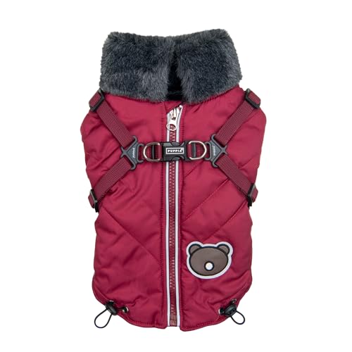 Puppia Isolde Winterpullover mit Stehkragen und durchgehendem Reißverschluss, mit integriertem Geschirr für kleine und mittelgroße Hunde, Weinrot, Größe M