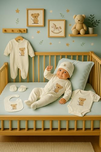 Blue Eyes Neugeborenen Baby Geschenk Set – 6-teiliges Erstausstattungsset aus 100% Natürlicher Baumwolle, OEKO-Tex, Weiches Unisex Erstlingsset für Babys 0–4 Monate (Koala)