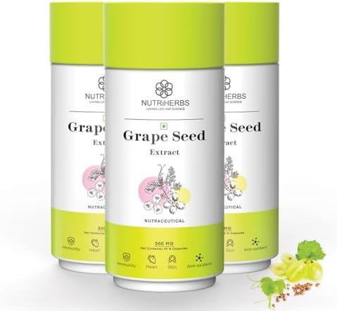 NUTRI HERBS Grape Seed Extract Capsules 500mg - Potent Antioxidant Supplement for Skin & Hair Health, Anti-Aging Support, and Immune Boost - 90 Vegan Capsules Pack of 3