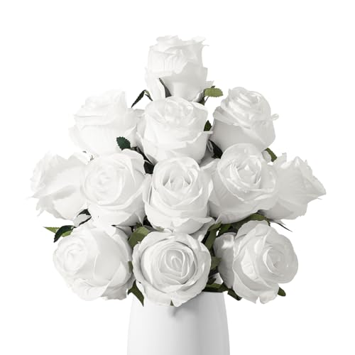 Wenhuidr 12pcs Off White Roses Artificial Flowers, Realistic Silk Velvet Fake Flowers with Long Stems for Valentines Day Wedding Bouquets Home Decoration Party & DIY Floral Arrangements (Off White)