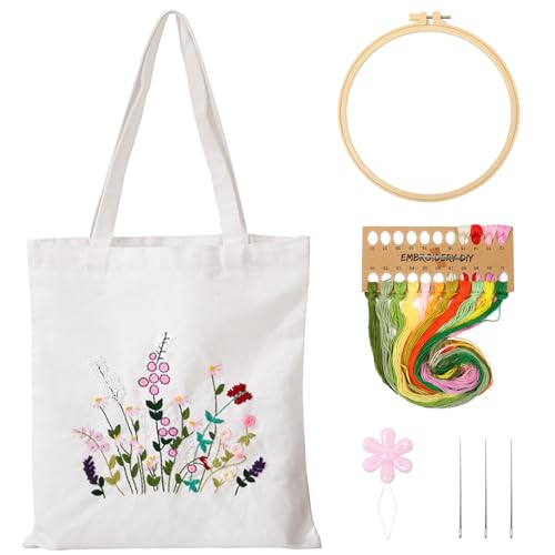 Image of VIVOLOOM Canvas Tote Bag Embroidery Kit for Beginners, DIY Needlepoint Kit with Unique Pattern, Include Instruction, Colorful Threads, and Tools for Adults
