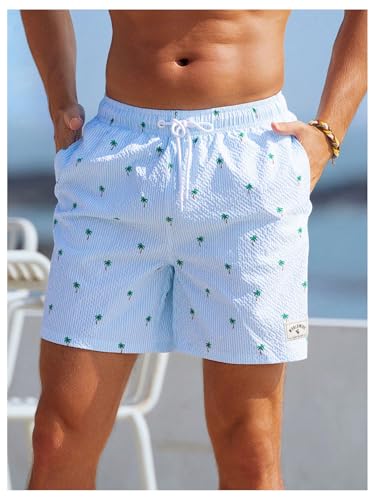 MakeMeChic Men's Textured Tropical Print Drawstring Waist Summer Beach Shorts Swim Trunks3