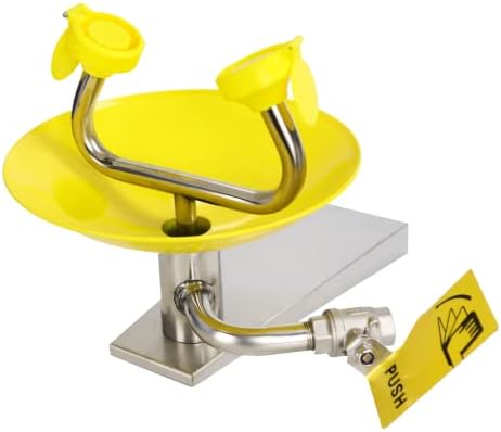 Eye wash Station with Free Eye Wash Sign - Wall Mounted Stainless Steel Eyewash Station with Dual Spray Heads โ Emergency Eyewash Station โ Hands Free Operation - First Aid for Eyes - Yellow