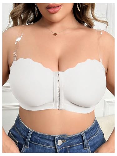 Image of OYOANGLE Women's Plus Size Front Closure Push Up Strapless Bandeau Bra Wireless Tube Bralettes with Clear Strap