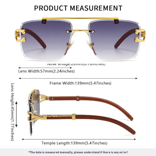Junsika Oversized Rimless Square Sunglasses for Men Women Classic Retro Designer Imitation Wooden Sunglasses3
