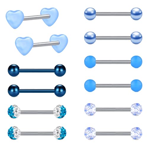 LAURITAMI 6 Paar Zungenpiercing Brustwarzenpiercing Edelstahl 1.6mm 14mm Stab Barbell Piercing Zunge Brustwarze Nippel Bars