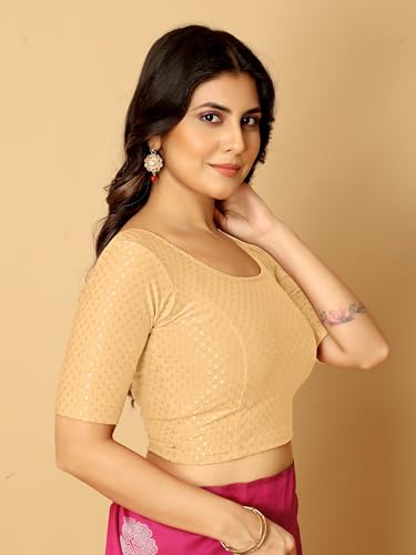 Image of Amazon Brand - Anarva Round Neck Dobby Cotton Lycra Stretchable Elbow Half Sleeve Readymade Saree Blouse for Women Stylish