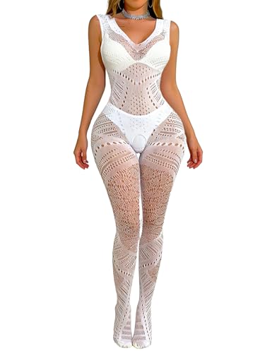 Image of Buitifo Women Fishnet Bodystocking Bodysuit Sexy Tights(White NXX,One Size)