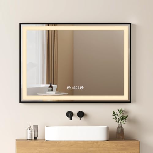 EMKE Badspiegel mit Beleuchtung 70x50cm, schwarzer Badezimmerspiegel mit Touch, Dimmbar, Antibeschlag, Uhr, Memory-Funktion und Neutrales Licht 4300K, energiesparend Wandspiegel IP44