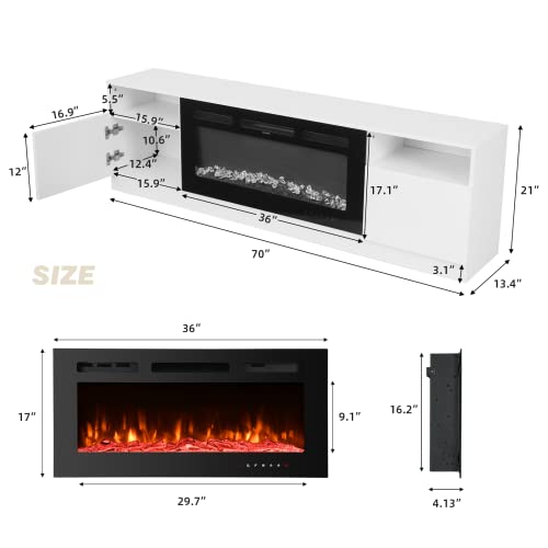 Erommy 70'' Fireplace Tv Stand With 36'' Electric Fireplace, Entertainment Center With 16 Color Led Lights And 12 Flame Fireplace Insert Heater, White Tv Console For Tvs Up To 80'' For Living Room #TOP7
