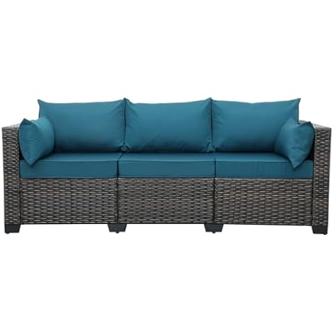 Valita 3-Seat Patio PE Wicker Couch Furniture Outdoor Brown Rattan Sofa with Washable Peacock Blue Cushions Cover