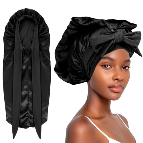Capó de satén largo para la trenza, el pelo de seda del casquillo del sueño con corbata y botón, capó plegable del sueño para las mujeres de pelo largo (negro)