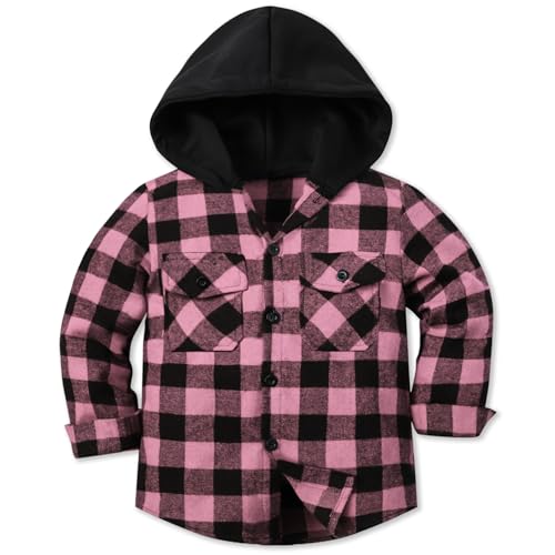 Cromoncent Boy's Long Sleeve Hoodie Jacket Button Down Plaid Flannel Shirt,Hooded Pink Black,5-6Y = Tag 130