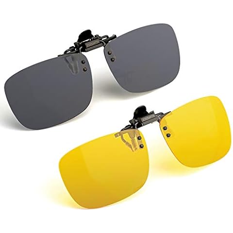 Polarized Clip-on Flip Up Metal Clip Rimless Sunglasses, Lightweight, XL Size, Set of 2 PCS (Black + Yellow) Cover