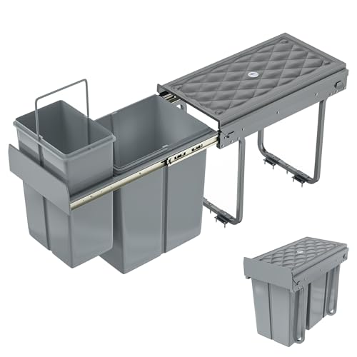 YUENFONG Poubelle encastrable avec 2 compartiments, 20 + 10 L, pour placard, avec rails télescopiques, système de tri des déchets, 48 x 26 x 41,8 cm